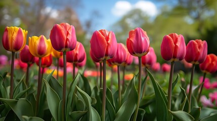 Obraz premium A vibrant field of tulips in full bloom, with rows of colorful flowers creating a stunning display under a bright, sunny sky in springtime