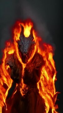 Fiery anthropomorphic wolf creature standing against a dark background. Eerie monster engulfed in blazing flames with visible fur and claws.