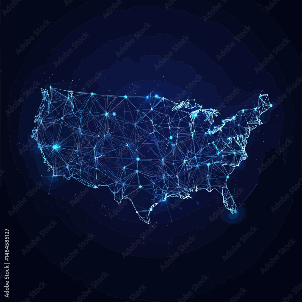Wall mural digital wireframe map of united states with glowing connected network nodes and polygonal low poly d