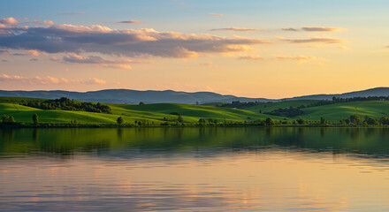 Scenic view of rolling green hills and reflecting water at sunset a perfect website background.