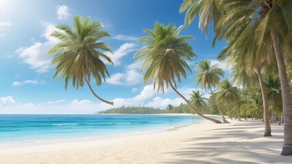 "Crystal Clear Tropical Beach with Palm Trees and Azure Ocean"