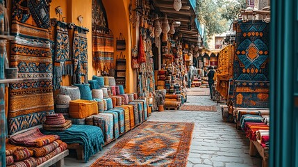 Obraz premium A vibrant marketplace bustling with activity, filled with colorful textiles, exotic spices, and handcrafted goods The air is alive with the sounds of bartering and laughter
