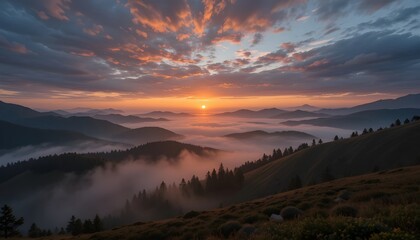 Fototapeta premium Landscape Background with Sunrise Over Misty Mountains Dramatic Sky Rolling Hills and Serene Twilight Nature Scene