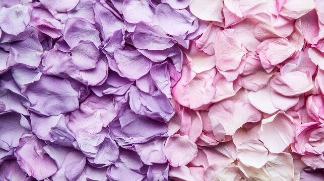 Colorful petals scattered on a surface create a stunning floral display in soft shades of purple and pink