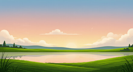 Serene landscape illustration of a lake and green hills at sunrise perfect for website background