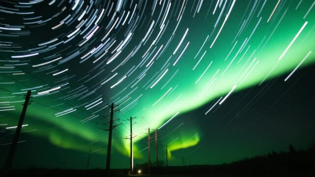 Long-exposure capture showcases star trails and auroras illuminating power lines. The scene is set in a dark area, enhancing the celestial display during the night.