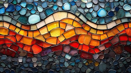 A vibrant mosaic pattern composed of small, colorful glass tiles forms an intricate and eye-catching design The colors are rich and varied