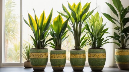 Obraz premium Sansevieria Snake Plant in Pots – Indoor Air Purifying Houseplant