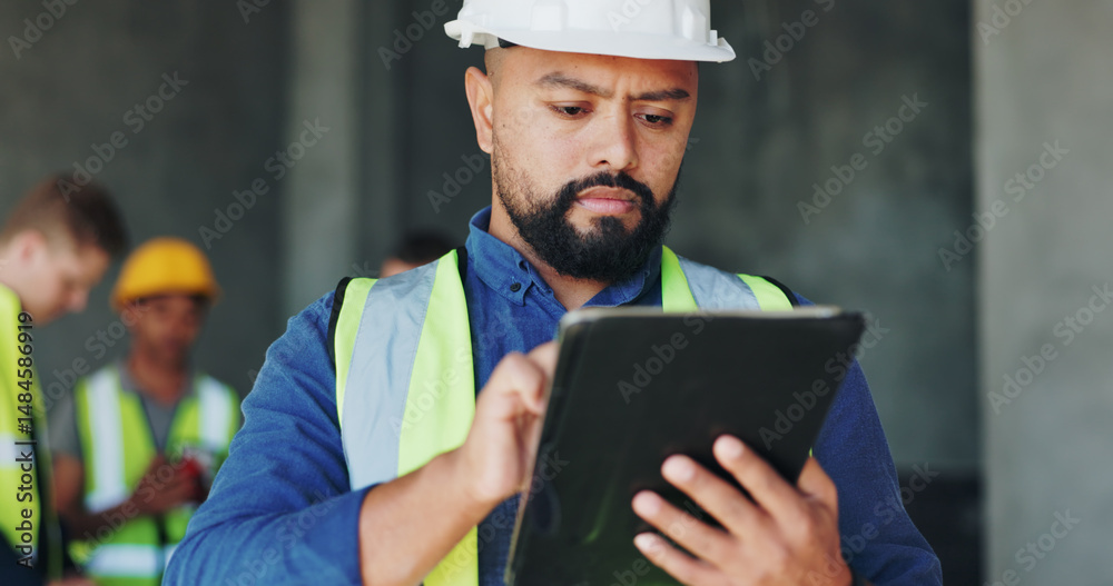 Aufkleber Building, inspection and tablet with construction worker man on site for civil engineering or development. App, digital plan and thinking with developer person on location for project management