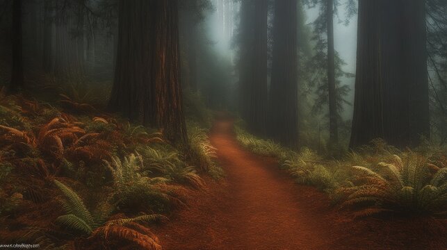 A serene forest pathway winds through towering redwood trees, illuminated by soft sunlight filtering through the leaves. - Powered by Adobe
