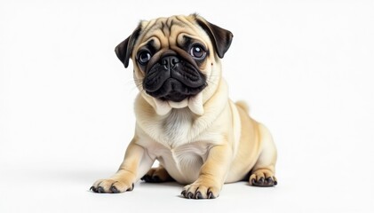 Fototapeta premium Adorable pug dog sitting, isolated on white background, puppy, loyal, headshot