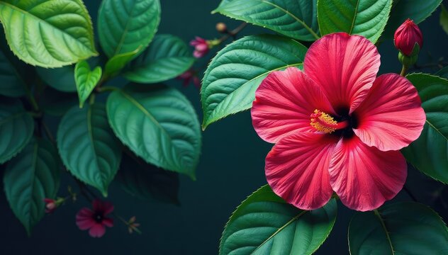 Bold tropical hibiscus and palm leaves, vibrant print, surface, jungle, bold