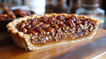A warm and comforting slice of pecan pie with a buttery crust and a filling of crunchy pecans in a sweet syrup, a classic Southern dessert