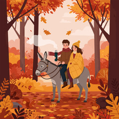 Couple Riding Donkey in Autumn Forest with Beverage and Blanket