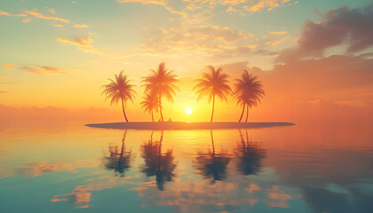 Amazing island panorama, palm trees sea sand reflections. Panoramic landscape, inspire tropical beach horizon. Golden sunset sky rays calm tranquil summer mood. Best vacation travel background banner