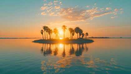 Amazing island panorama, palm trees sea sand reflections. Panoramic landscape, inspire tropical beach horizon. Golden sunset sky rays calm tranquil summer mood. Best vacation travel background banner