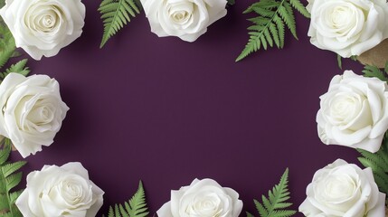 Elegant Floral Frame: White Roses and Green Ferns on Deep Plum Background for Invitations and Greetings