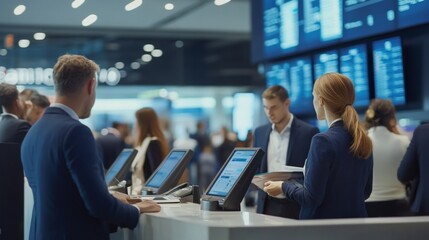 Obraz premium Airport Check-in Desk with Busy Passengers