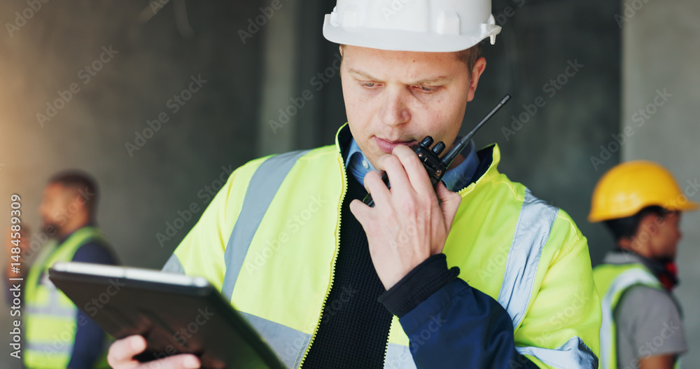 Aufkleber Planning, radio and tablet with construction worker man on site for civil engineering or development. App, building and communication with developer person on worksite for project management