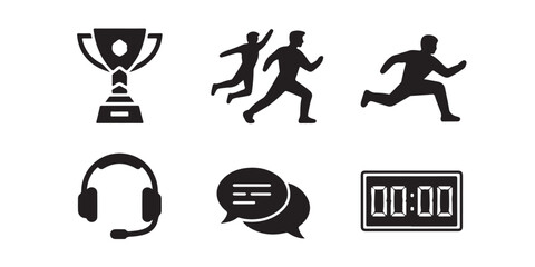 Naklejka premium Esports Icon Set Vector Black Silhouettes of Trophies Teams Headsets Live Chat and Scoreboards