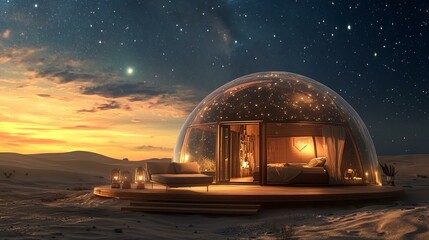 Man living in a glassdomed ecohouse in a desert, starry night, realistic style