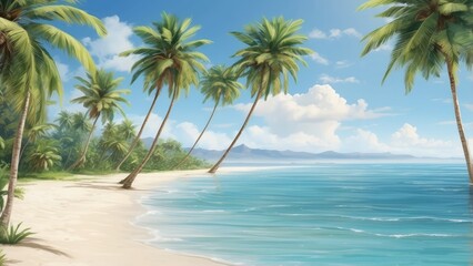 "Crystal Clear Tropical Beach with Palm Trees and Azure Ocean"
