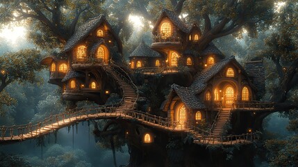A whimsical village built within the branches of an enormous, ancient oak tree, with rope bridges connecting the homes