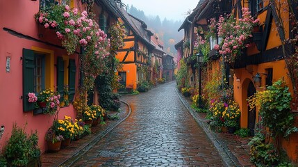 Fototapeta premium A winding cobblestone street in an old European town, lined with charming buildings and flower-filled balconies