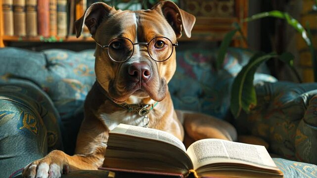 dog with book looking like a professor