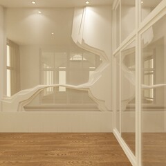 Empty white minimalist room with mirror and modern wall design, including ceiling lights.3d render