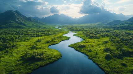 Fototapeta premium A winding river flowing through a lush valley, reflecting the surrounding landscape like a mirror A vital artery of nature, sustaining life and beauty