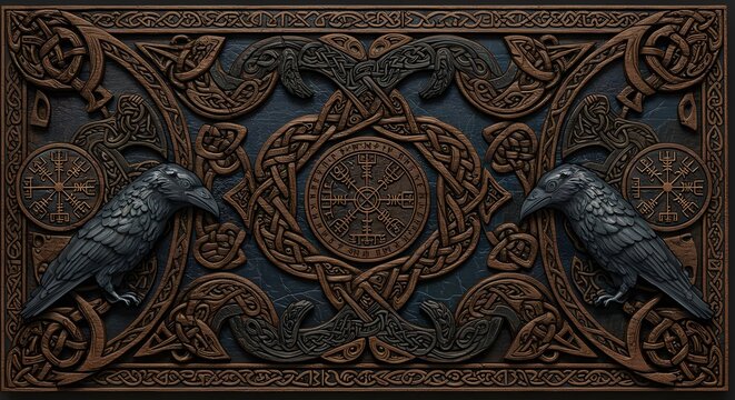 Ornate Wood Carving with Birds and Celtic Knotwork