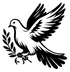 Obraz premium Dove. Symbol of peace. Vector black silhouette of a flying dove with olive branch on a white background. Transparent PNG version.