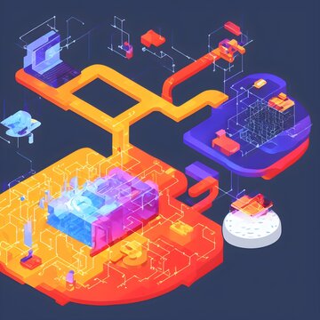 Isometric vector of artificial intelligence in business with brain chip and data icons. Ideal for AI, analytics, and automation visuals. Clean flat style on white background. AI