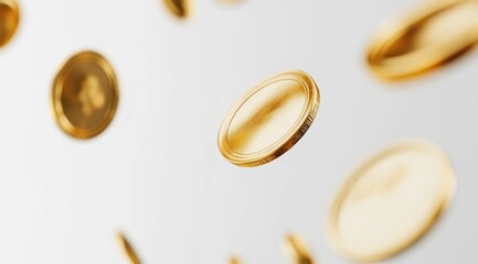 Golden coins fall against a white background, symbolizing the movement of wealth and business profit, ideal for financial and wealth concepts. Gold coins have no logo or any pattern on them.