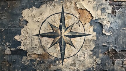 Weathered Compass Rose on a Faded Wall, Nautical Symbol, Maritime History and Exploration
