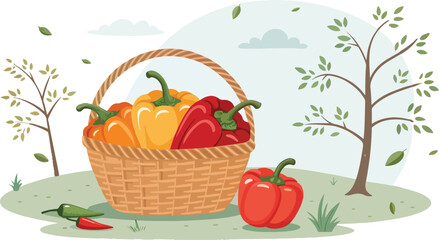 Capsicum in wicker basket in natural background vector design, Capsicum illustration vector design