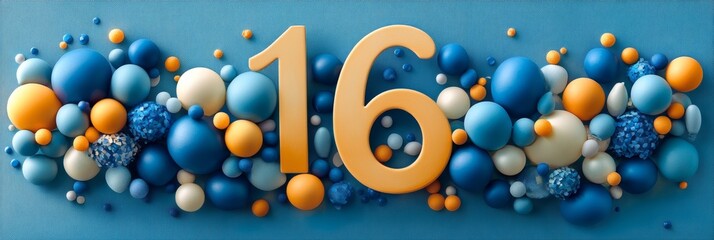 Golden Number 16 Celebration With Festive Blue And Orange Balloons And Confetti On A Blue Background