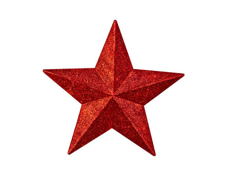 A Red Christmas star shines with a glittery surface against a textured golden background, symbolizing festive cheer and decoration.