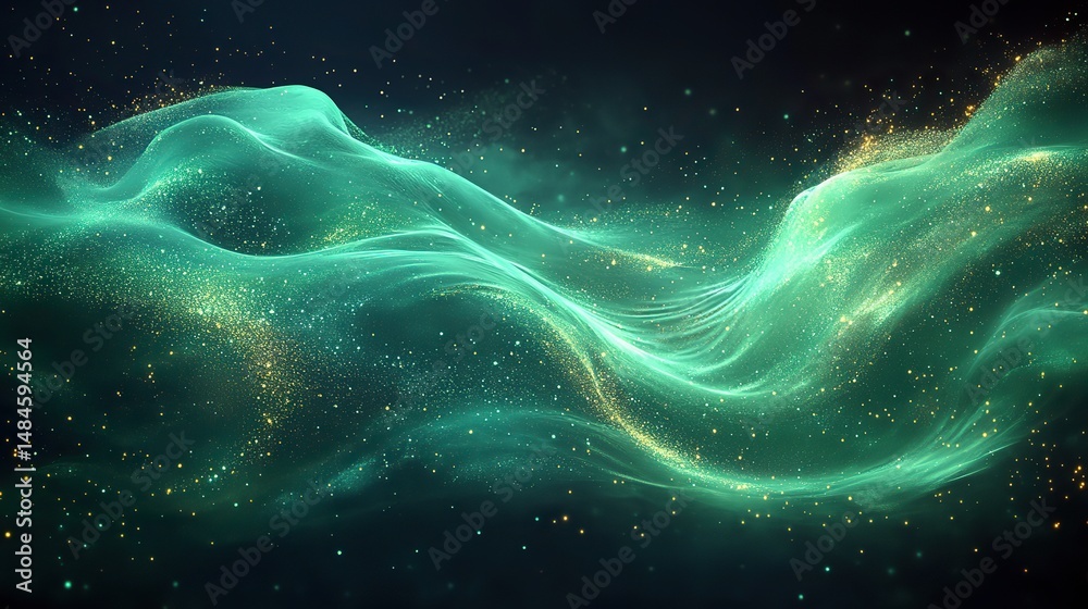 Wall mural abstract flowing lines of neon green light against a dark background create a futuristic and energet