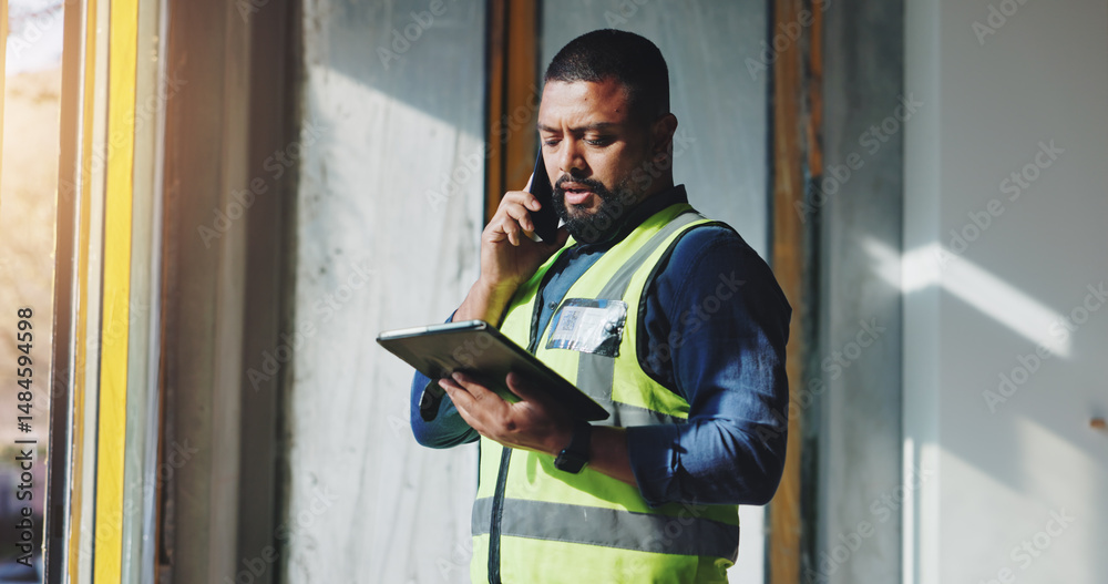 Leinwandbilder building, phone call and tablet with construction worker man on site for civil engineering or develo