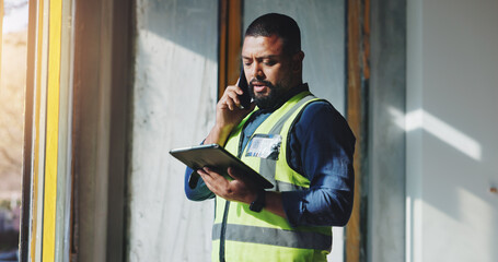 Building, phone call and tablet with construction worker man on site for civil engineering or...