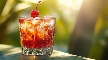 A tall glass filled with a vibrant pink beverage, ice cubes are floating in the drink.