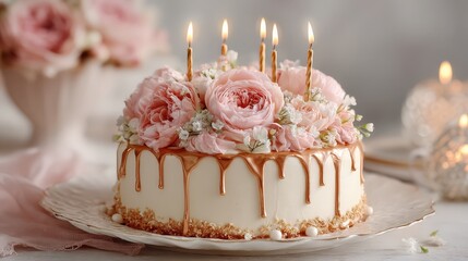 Rose Cake: A delectable rose-adorned cake, lit by softly glowing candles, invites the viewer to celebrate a joyous occasion. Ai Image