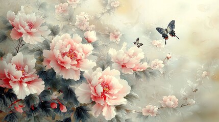 Pink peonies and butterflies