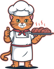 Cartoon Chef Cat Holding BBQ Meat Platter – Vector Illustration