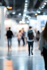 Modern trade show with vendors and attendees background, captured in a lively scene of networking and business interactions, showcasing the spirit of a professional event.
