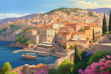 Obraz premium Colorful Coastal Town at Sunset – Mediterranean Cliffside Village View