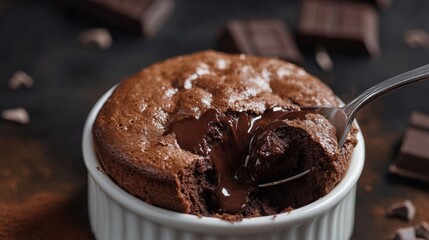 Rich Chocolate Soufflé with Spoon Breaking Into Delicious Center