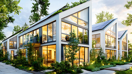 Modern eco friendly townhouse with solar panels, surrounded by lush greenery and large windows, showcasing sustainable living